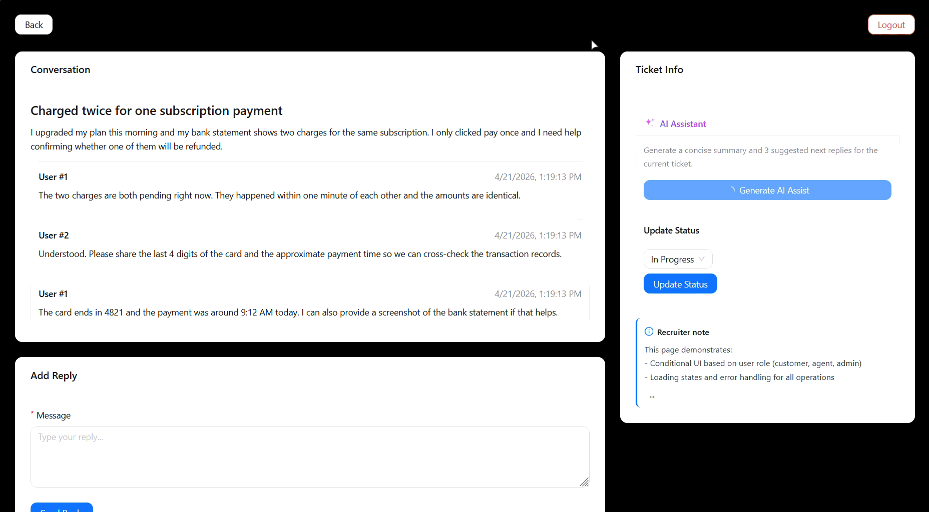 Support Dashboard interface preview